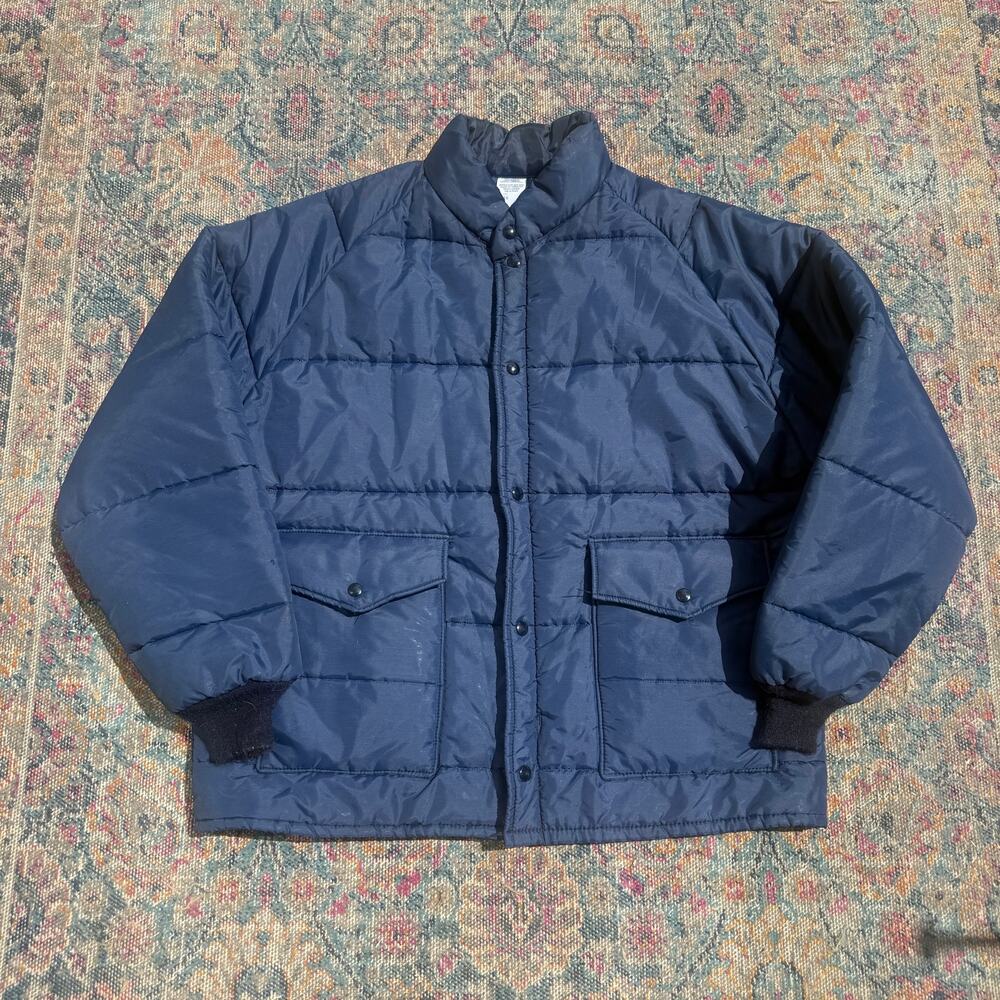 Men's Vintage 80's Navy Blue Insulated Puffer Work Snap Zip Up Jacket Coat Sz XL